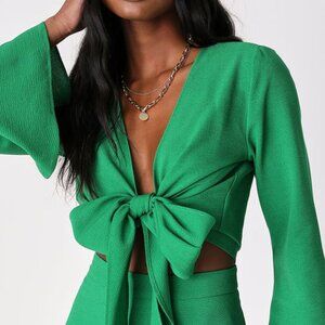 NWT Lulus Green Tie-Front 2-piece Set Long Sleeve Crop Top Small